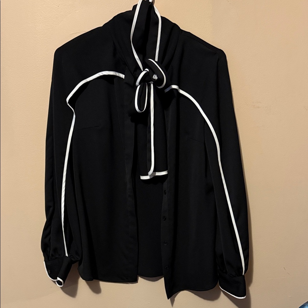 Elegant Black button up Blouse with White Trim